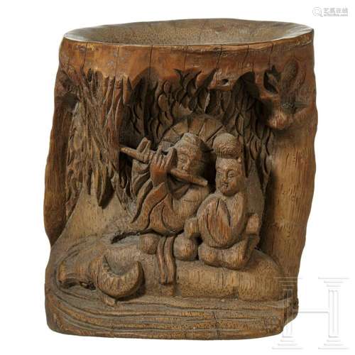 A Chinese bamboo-root carving brush pot, probably late Qing ...