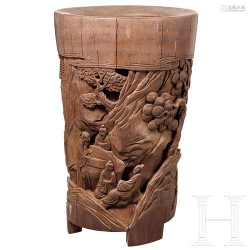 A large bamboo carving brush pot with scholars, late Qing Dy...