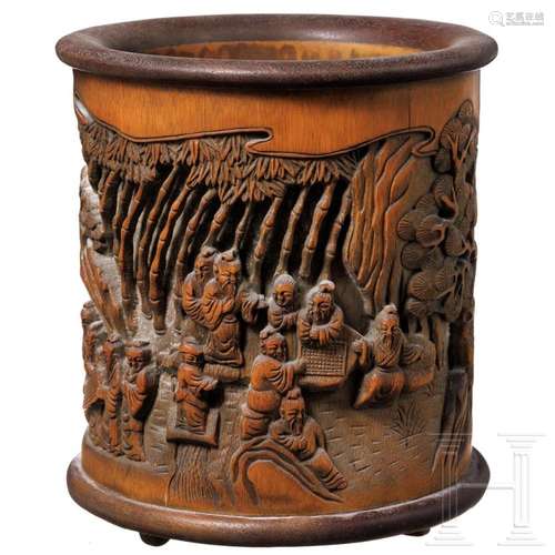 A Chinese bamboo root carving brush pot with scholars, proba...