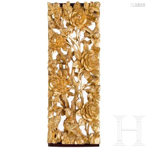 A gilt woodcarving piece with scene of birds and flowers, pr...