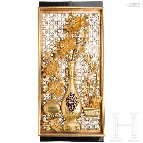 A gilded wood carving with flowers, probably late Qing Dynas...