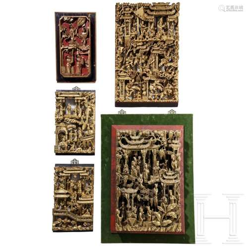 Five Chinese wooden wall panels with temple scenes, 20th cen...