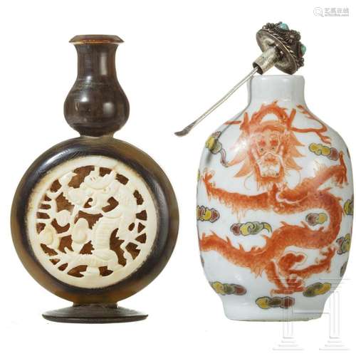 A horn and a porcelain snuffbottle with dragon, China, 20th ...