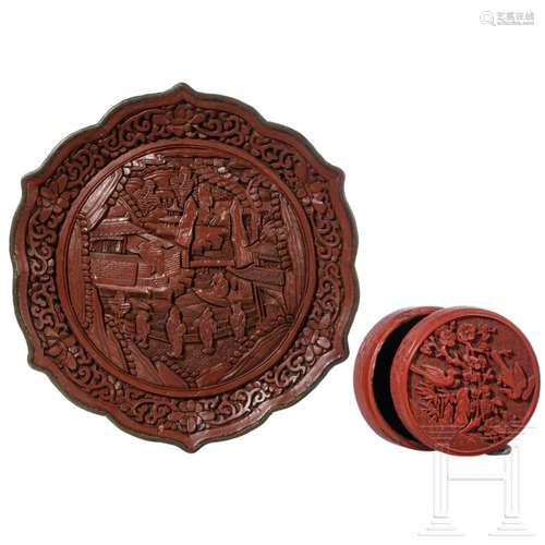 A Chinese lacquer plate and a round lidded box, probably 19t...