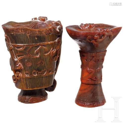 Two Chinese horn cups with chi long decoration, circa 1900