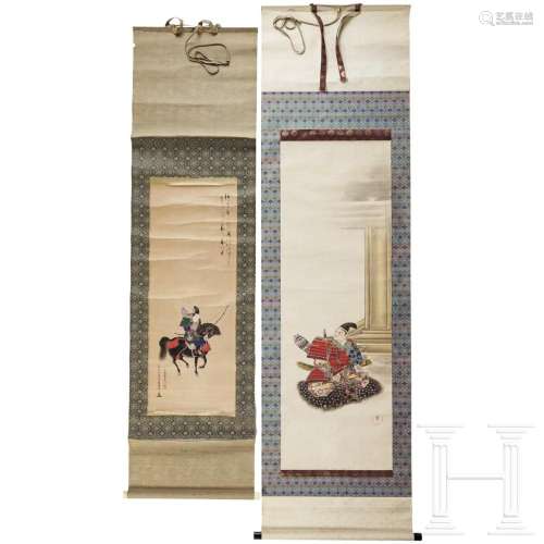 Two Japanese kakemono scroll paintings with samurais, Edo/Me...