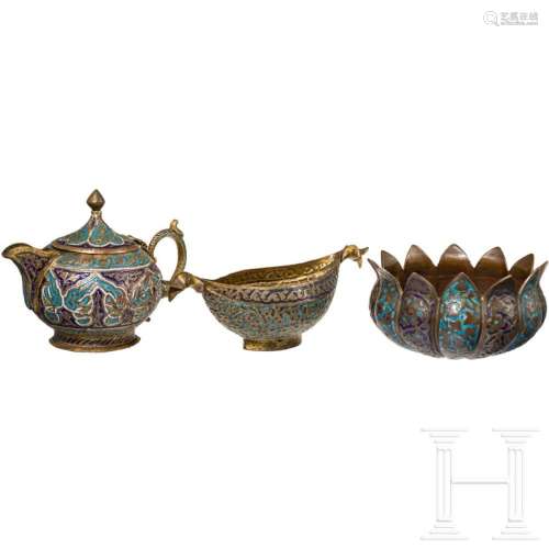 A gilded bronze and enamel pot and two bowls, Kashmir, circa...