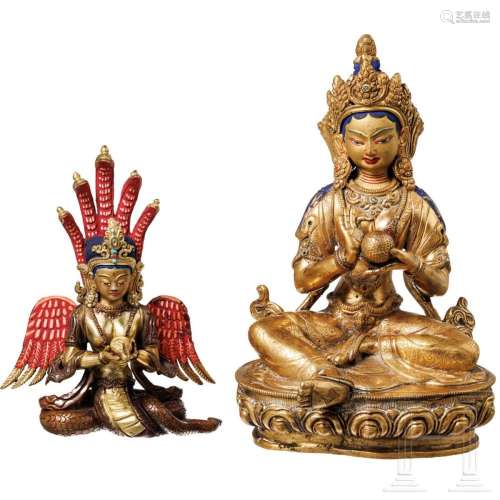 Two Nepalese fire-gilded bronze statues, 20th century