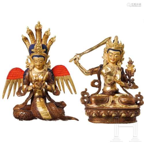 Two Nepalese bronze figures, Naga Kanya and Manjushri, 20th ...