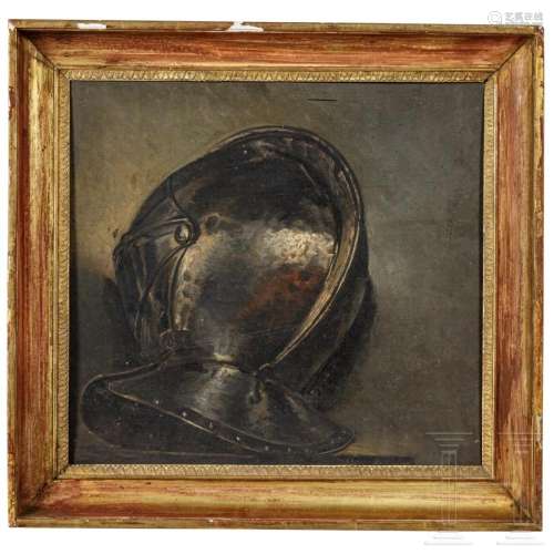 A painting of a coat helmet, signed "J. PAY" and d...