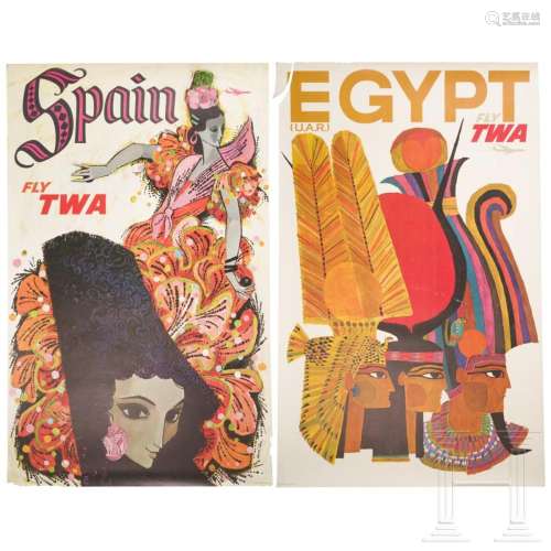 Two advertising posters from TWA Airlines for Egypt and Spai...