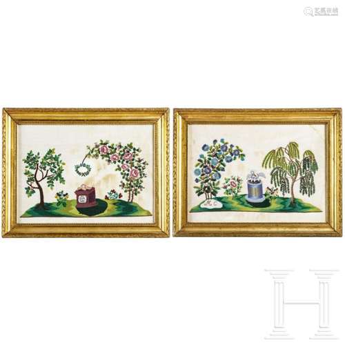 A framed pair of French or Swiss pearl embroideries, circa 1...