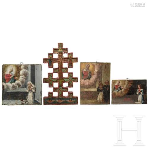 Three southern German wooden ex voto panels and one crucifix...