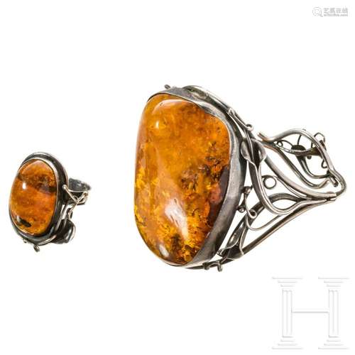 A vintage silver and amber bracelet and ring, circa 1960