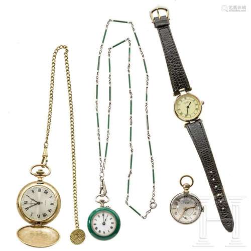 A Cartier lady's wrist watch and three French/Swiss pock...