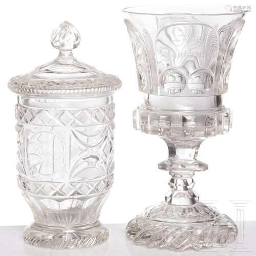 A cut glass goblet and a beaker with cover, Neuwelt, circa 1...