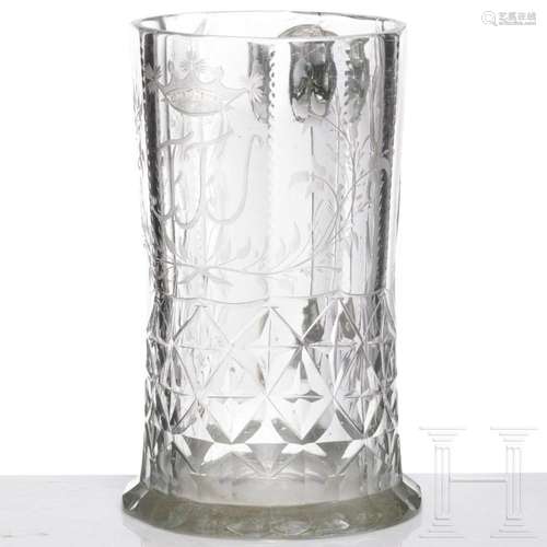 A Bohemian glass tankard with monogram "FFS", circ...