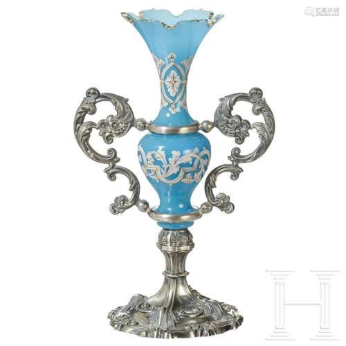 A blue Bohemian alabaster glass vase with silver mounting, c...