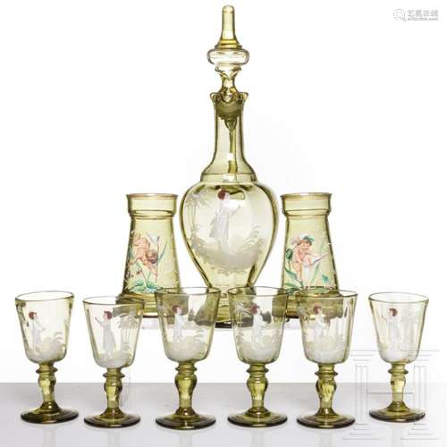 A Bohemian seven-piece drinking set and two vases, circa 190...