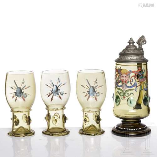 A Bavarian olive glass jug and three rummers, probably There...