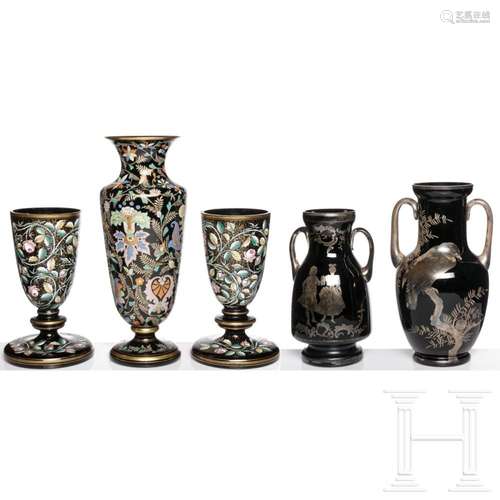 Five glass vases, three probably Karlovy Vary, Ludwig Moser,...