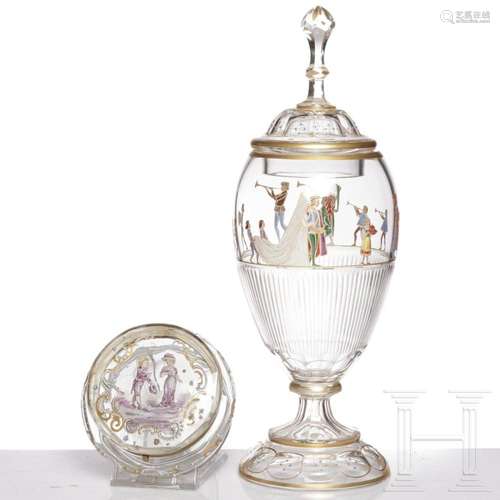 A glass goblet with cover and a lidded box, Steinschönau gla...