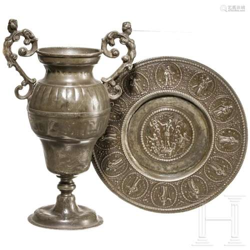 A German plate and a pewter altar vase, 17th century