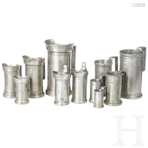 A group of eleven Belgian pewter measures, 19th centruy