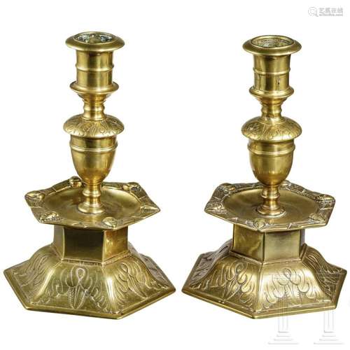 A pair of large Nuremberg bell-bottom candlesticks, circa 16...