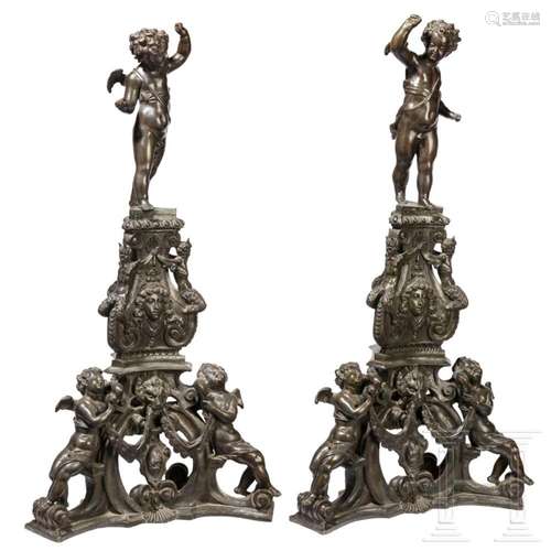 A pair of monumental Venetian andirons in Renaissance style,...