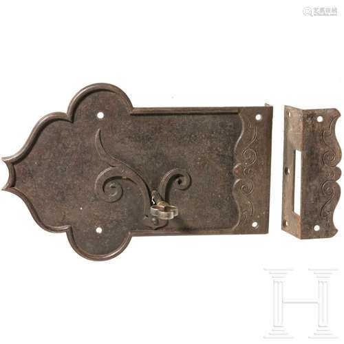 A large German iron lock with key, historicism in 16th centu...