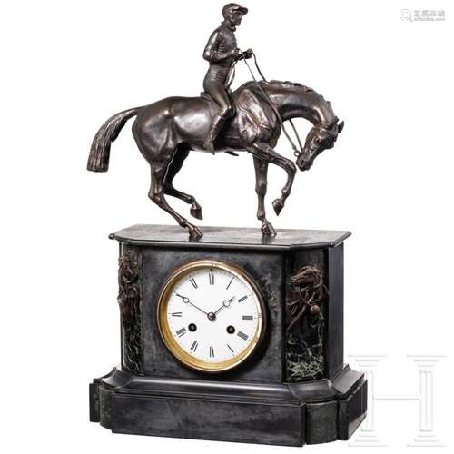 A bronze and marble table clock with jockey, circa 1900