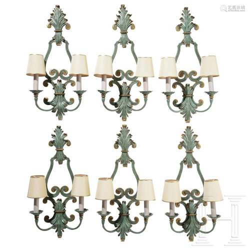 A set of six German wrought-iron wall lamps, 20th century