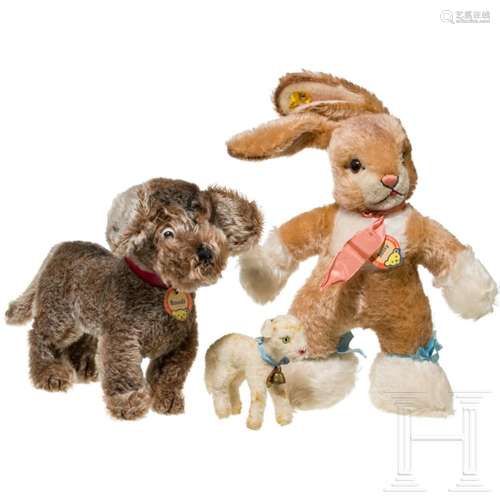 Three Steiff stuffed animals - Bunny Baby Rabbit Sassy, Raud...