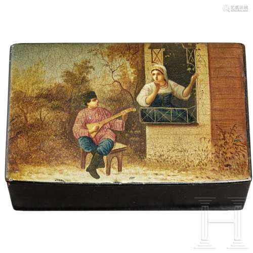 A Russian papier-mâché and lacquer box with peasant couple, ...