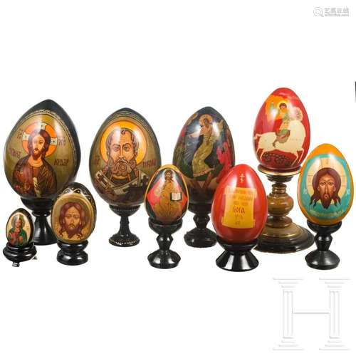 Nine Russian/Soviet papier mâché and lacquer eggs, 2nd half ...