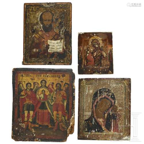 Four Russian icons: Saint Nicholas of Myra, the three-handed...