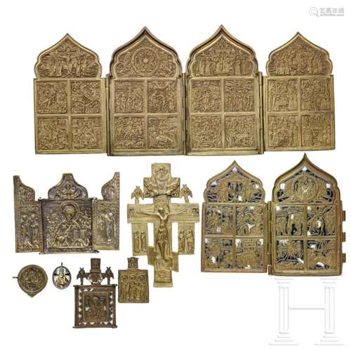 Eight Russian brass icons and fragments of brass icons, 19th...