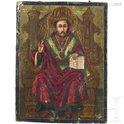 A large Balkans signed icon showing the enthroned Christ, 19...