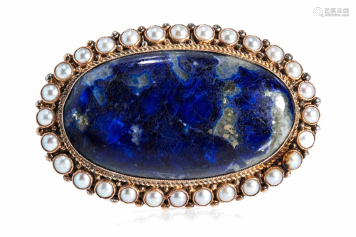 14K GOLD LAPIS LAZULI AND PEARL BROOCH, 15g