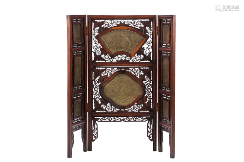 CHINESE CARVED WOOD & BRASS INLAY FOLDING SCREEN