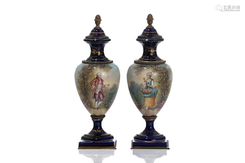 PAIR OF SEVRES STYLE PORCELAIN URNS