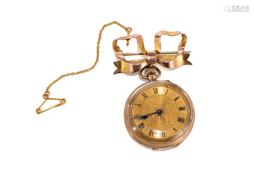 9K ROSE GOLD POCKET WATCH WITH BOW BROOCH, 23g