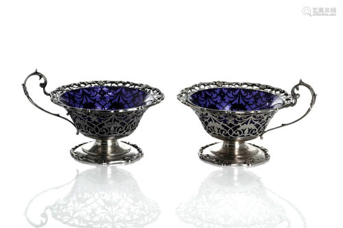 PAIR ENGLISH SILVER PIERCED HANDLED DISHES, 362g