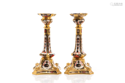 TWO ROYAL CROWN DERBY CANDLESTICK HOLDERS