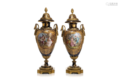 PAIR OF SEVRES PORCELAIN PORCELAIN URNS