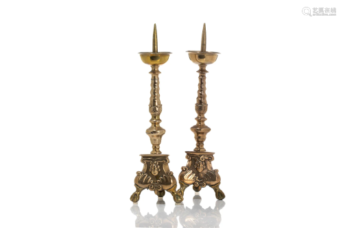 PAIR OF ANTIQUE BRASS TRIPOD CANDLE PRICKETS