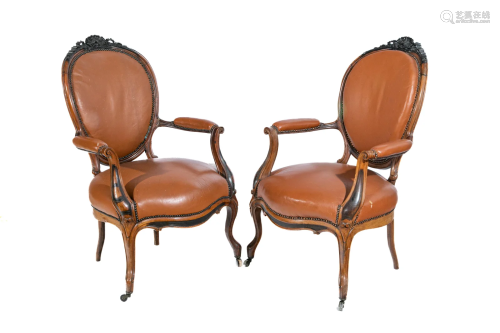 PAIR OF VICTORIAN LEATHER UPHOLSTERED ARMCHAIRS