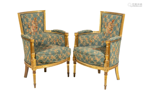 PAIR OF FRENCH GILT FRAMED ARMCHAIRS