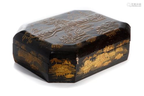 CHINESE EXPORT BLACK LACQUER & GILT GAMES BOX